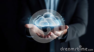 Person holding a concept. Businessman holding virtual cloud computing. Stock Photo