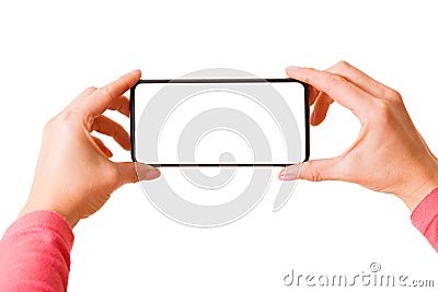 Person holding in hands smartphone with blank screen and taking picture or recording video, isolated on white background Stock Photo