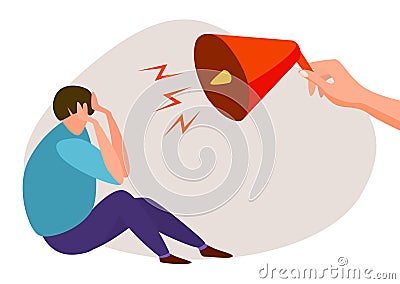 Person holding megaphone shouting at sitting man. Concept of loud announcement, stress, headache vector illustration Vector Illustration