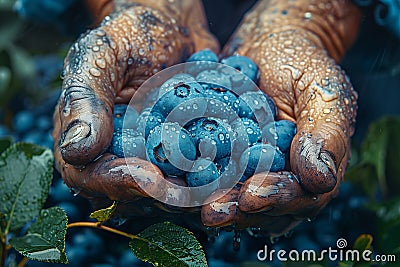 Person holding natural blueberries, a fruit from a terrestrial plant Stock Photo