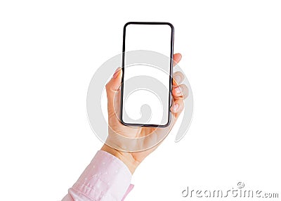 Person holding phone in hand with empty white screen. Stock Photo