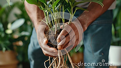 Person holding plant with visible roots Stock Photo