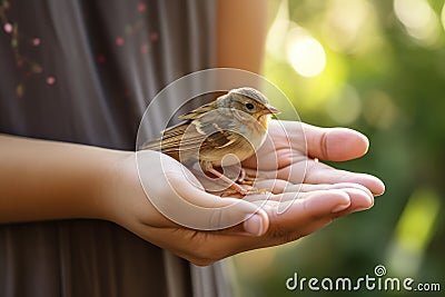 Person Holding Small Bird in Hands, A Delicate Moment of Connection Stock Photo