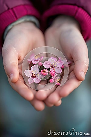 A person holding a small bunch of pink flowers in their hands, AI Stock Photo