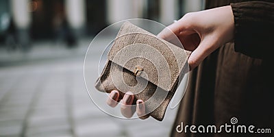 A person holding a small wallet in their hand. Generative AI image. Stock Photo