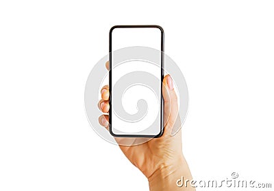 Person holding smartphone in hand. Mobile app mockup. Stock Photo