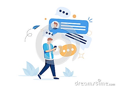 Person holding smartphone and sending messages. Concept of chatting online messaging application for internet Vector Illustration