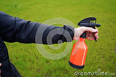 Person holding a spray bottle in hand. Spraying water with spray diffusor. Gardening. Stock Photo