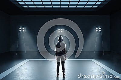 Person in hoodie standing in abstract smoky interior Stock Photo