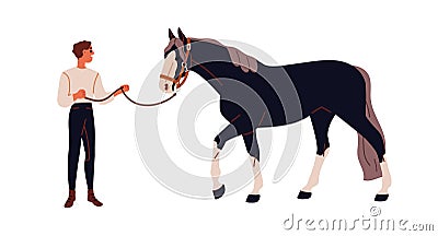 Person and horse. Man equestrian standing, holding stallion with bridle, harness, rope. Equine animal communication Vector Illustration