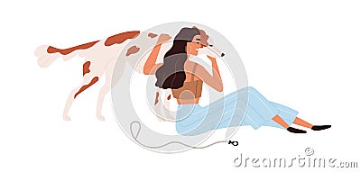 Person hugging cute dog. Hugs of happy woman, pet owner and doggy. Girl and animal companion, best friend. Love Cartoon Illustration