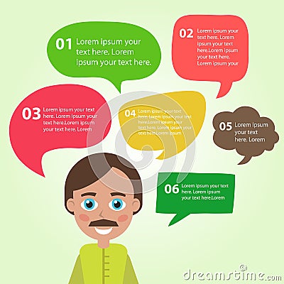 Person icon with colorful dialog speech bubbles. Vector Illustration