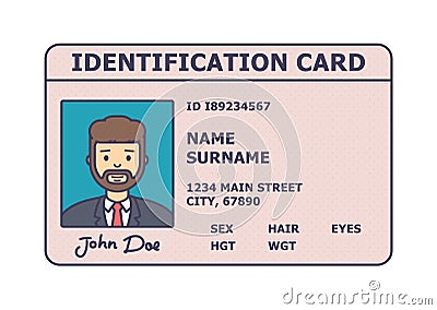 Person identification badge. Id plastic card with personal data and photo. Vector Illustration