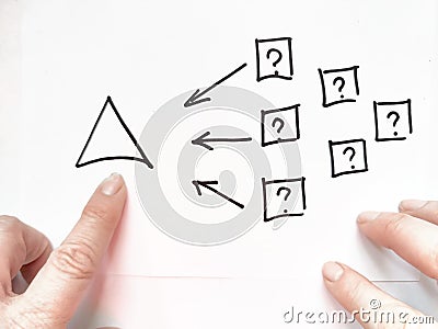 A person indicates a triangle on paper, with multiple question boxes around it, suggesting inquiry or problem-solving Stock Photo