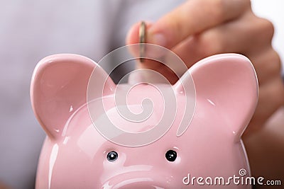 Person Inserting Coin In Piggybank Stock Photo