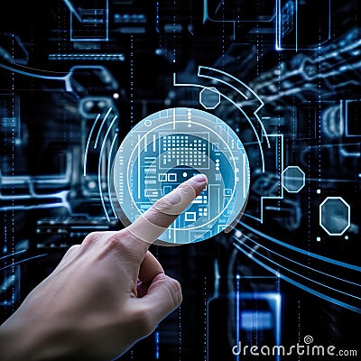 person interacts with a futuristic digital screen, displaying a complex network of symbols, circuits, and data visualizations Stock Photo