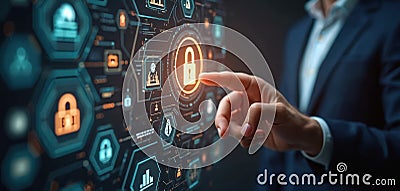 Person interacts with futuristic interface. Holographic security features display on screen. Data management system. Stock Photo