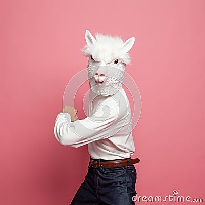Person in lama mask costume on pink background Stock Photo