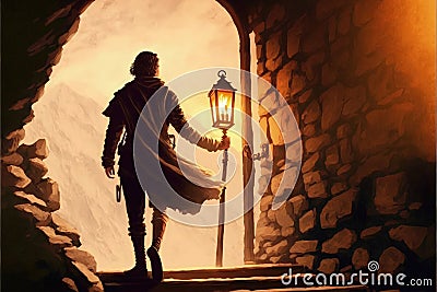 Person with a lamp walking on a stone stairway towards an imaginary gateway Stock Photo