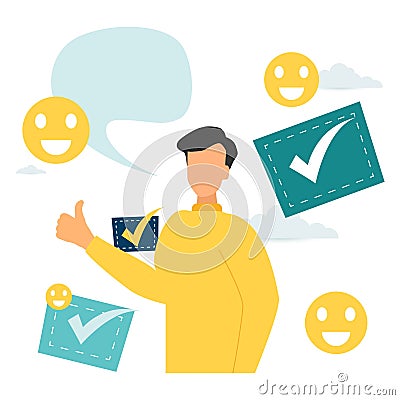 a person leaves a good online review for a product or service. vector illustration design graphics for the site section, reviews, Vector Illustration