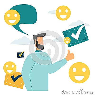 a person leaves a good online review for a product or service. vector illustration design graphics for the site section, reviews, Vector Illustration