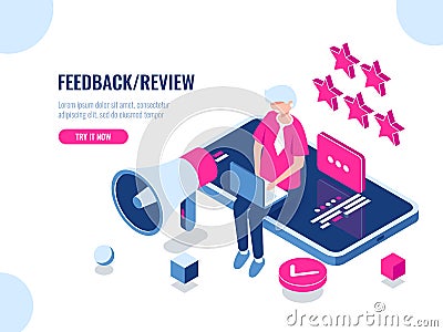 A person leaves a review of the company using a mobile application on a smartphone, concept feedback, five stars, good Vector Illustration