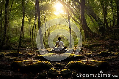 Person meditating in deep forest, generative AI Stock Photo