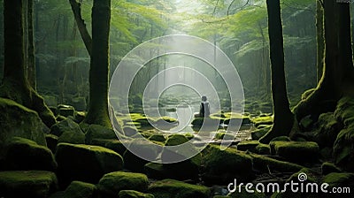 person meditating in the forest, a relaxation process such as shinrin-yoku Stock Photo
