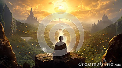 Person meditating in a magical environment filled with golden light and sparkles, Generative AI Stock Photo
