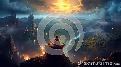 Person meditating in a magical environment with a view over majestic valley and mountains. Generative AI Stock Photo