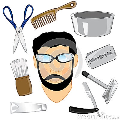 Person men and tools for leaving for hair and person Vector Illustration