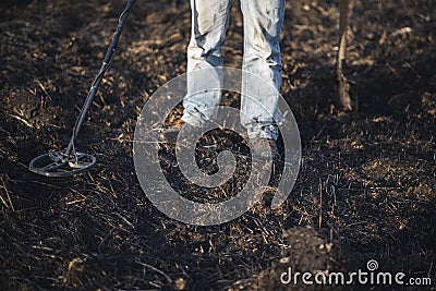 A person with a metal detector in a field, search for coins, hobbies Stock Photo