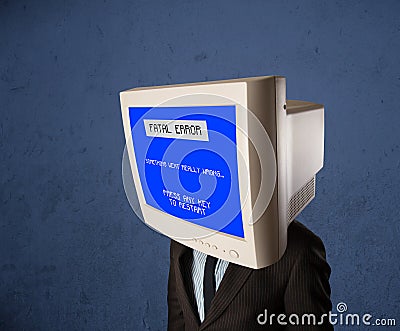 Person with a monitor head and fatal error blue screen on the di Stock Photo