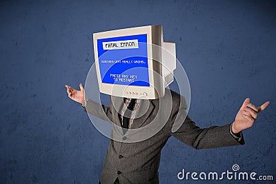 Person with a monitor head and fatal error blue screen on the di Stock Photo