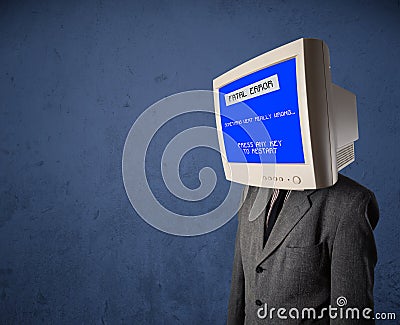 Person with a monitor head and fatal error blue screen on the di Stock Photo