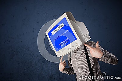 Person with a monitor head and fatal error blue screen on the di Stock Photo
