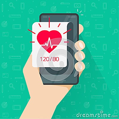 Person monitoring heart beat rate and blood pressure app via mobile cell phone vector flat cartoon, man tracking or Vector Illustration