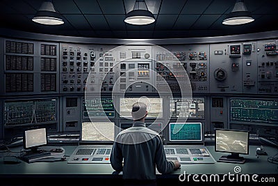 person, monitoring the security of nuclear power plant, with view of control room and equipment Stock Photo