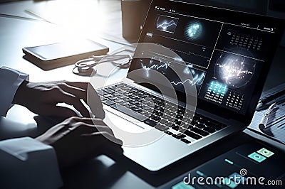 Person monitors the data on the computer screen. Business concept. Generative AI Stock Photo