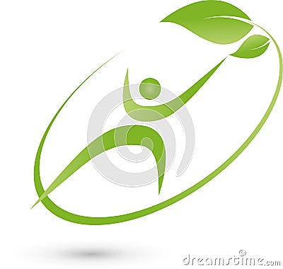 Person in motion and leaves, fitness and health logo Stock Photo