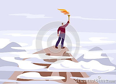 Person on mountain top. Man stand on peak and holding burning torch. Success of leadership, business victory or Vector Illustration