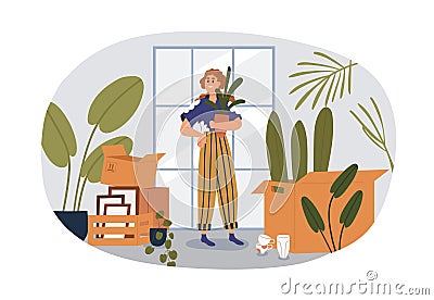 Person moved to new house. Happy woman unpacking cardboard boxes with potted home plants, belongings, stuff after Vector Illustration