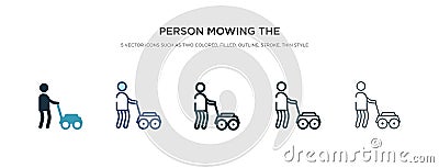 Person mowing the grass icon in different style vector illustration. two colored and black person mowing the grass vector icons Vector Illustration