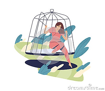 Person open cage, overcome fear and doubt, escape comfort zone. Psychological concept of freedom and risk. Woman become Vector Illustration