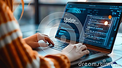 Person operating laptop with updating system progress on screen, technology and software development concept Stock Photo