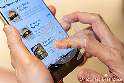 Person ordering food online via app on smart phone Stock Photo