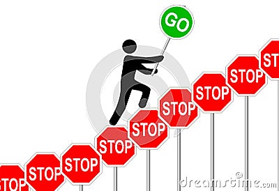 Person overcomes STOP signs raises GO sign Vector Illustration