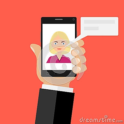 A person on the phone is talking on the Internet. The parties communicate by phone. Vector Illustration