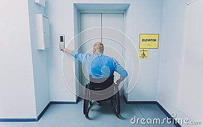 Person with a physical disability in a wheelchair using lift in building Stock Photo