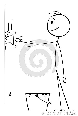 Person or Pinter Painting Wall with Brush , Vector Cartoon Stick Figure Illustration Vector Illustration